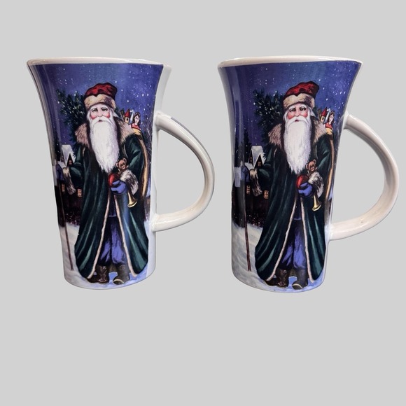 Christmas Holiday Santa Tall Latte Mugs Set Blue Dishwasher Microwave Safe Cups - Picture 10 of 13
